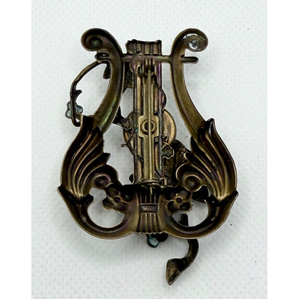 Vintage Art Nouveau Style Musical Lyre and Ivy Leaf Brass Brooch Black Cabochon - Picture 3 of 5